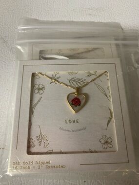 Gold Heart Pendant Necklace with Red Rose Accent - Love